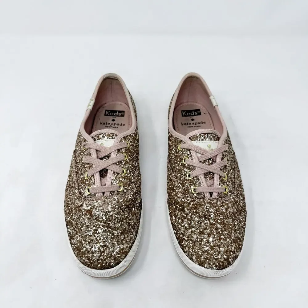 [Kate Spade] Keds Rose Gold Pink Glitter Sparkle Lace Up Champion Sneakers Sz 7